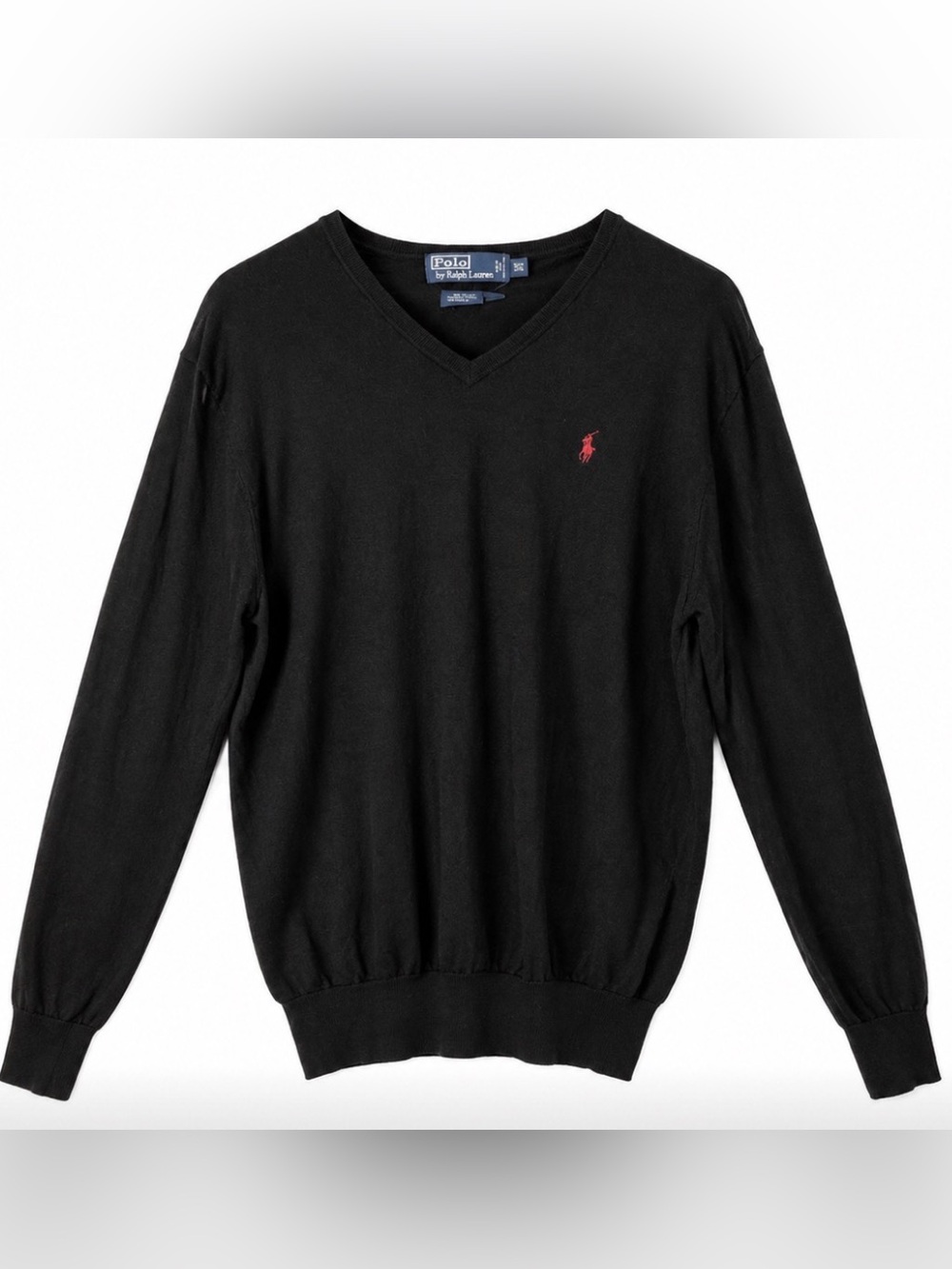 Polo Ralph Lauren Men's XL Tall Black 100% Merino Wool V-Neck Sweater Red Pony